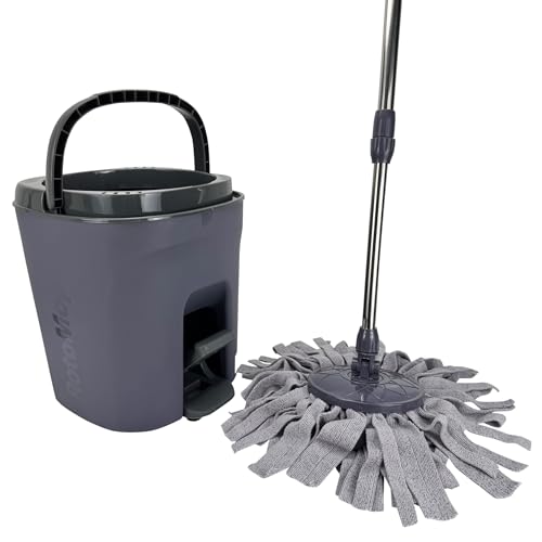 Wischmopp Set mit Eimer & Teleskopstiel in Grau - Bodenwischer mit Rotationskorb, Auswringfunktion - Roto Mop