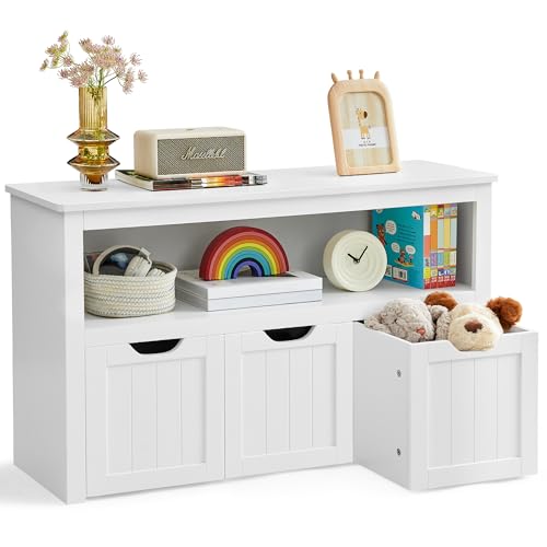 VASAGLE Kinderregal, Spielzeugaufbewahrung für Kinder, Aufbewahrungsschrank, Spielzeugschrank, Aufbewahrungsbox mit Rollen, Spielzeugregal, für Kinderzimmer, 102 x 30 x 60 cm, weiß LHS380W01
