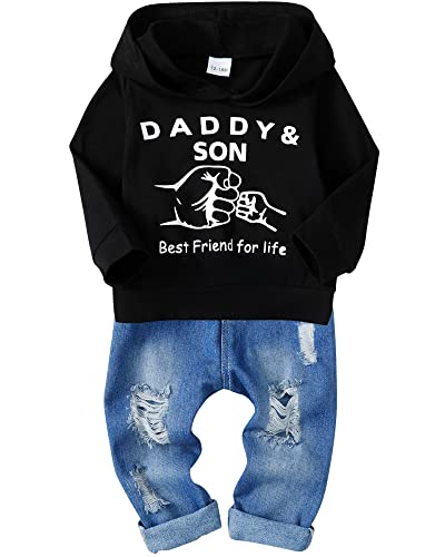 SOLOYEE Baby Jungen Outfits Kleidung Sets Kleinkind Mode Brief Muster Langarm Kapuzen-Sweatshirt und Jeans Hosen 2 tlg, 2-3 Jahre, Schwarz