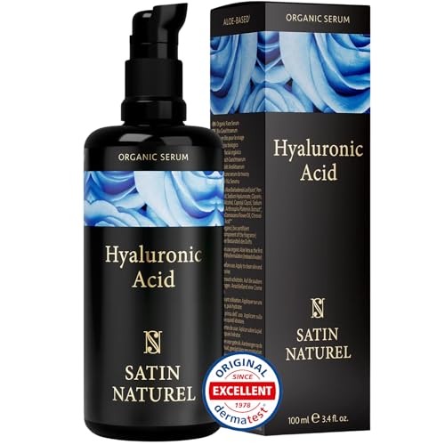 Satin Naturel Hyaluron Serum hochdosiert 100ml - 24h Feuchtigkeit - Hyaluronsäure Serum Gesicht - Vegan - Gesichtspflege Männer und Frauen - Anti Aging Hyaluronic Acid Gesichtsserum mit BIO Aloe Vera