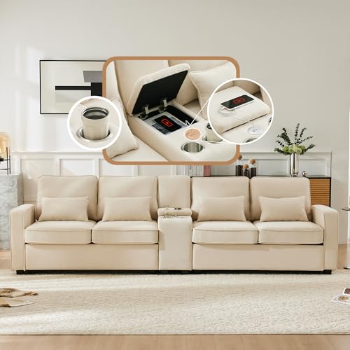 VSOGA Modernes Leinenstoff-Sofa mit 4 Sitzplätzen, Getränkehaltern, USB-Anschlüssen & Kissen, für Wohnungen, Wohnzimmer & Büro