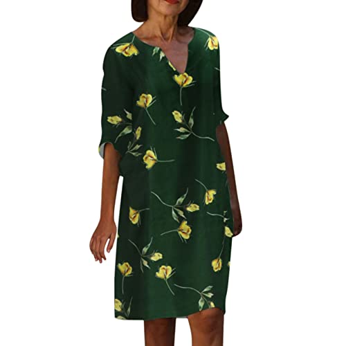 Damen-Kleid mit halben Ärmeln, Rundhalsausschnitt, Etuikleid, Druck, knielanges Sommerkleid, Midi-Kleid mit V-Ausschnitt Strickkleid Sommer (Green, XL)