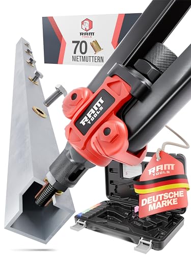 RAM TOOLS® Nietmutternzange, Nietzange Set inkl. 70 Nietmuttern, MIT Bohrloch/-größentabelle, Dorne in M3 M4 M5 M6 M8 M10 M12, Profi Blindnietmutternzange