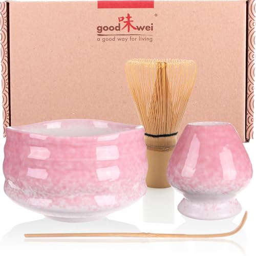Goodwei Matcha Set komplett mit Matchabesen, Matcha Löffel und Matcha Schale aus Keramik mit Besenhalter im passenden Design | Kunstvoll gefertigte Zeremonieschale Chawan (Sakura, 80)