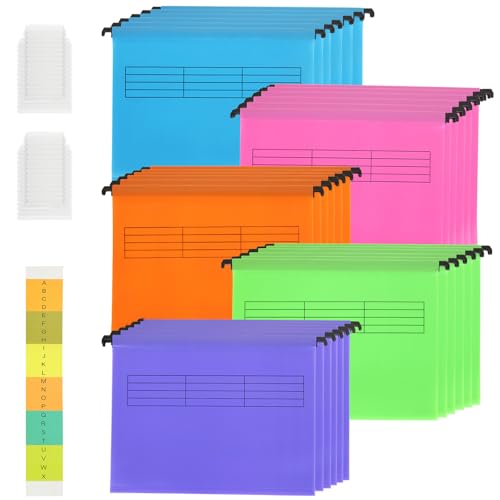 FWEEK 30 Stück Hanging File Folders, Polyethylen Aktenschrank Hängemappen A4 mit Tabs, Bunt Hängemappen Aufbewahrung für Schule Zuhause Arbeit, 5 Farben, 6 Stück von jeder Farbe