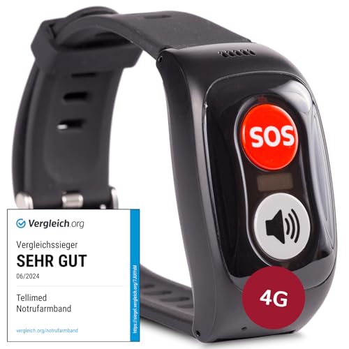 tellimed Carino 4G Notfallarmband Senioren mit Telefonfunktion, SIM Slot & ohne ABO - Vergleichssieger Senioren Notruf Armband & Notrufknopf für Senioren & Erwachsene