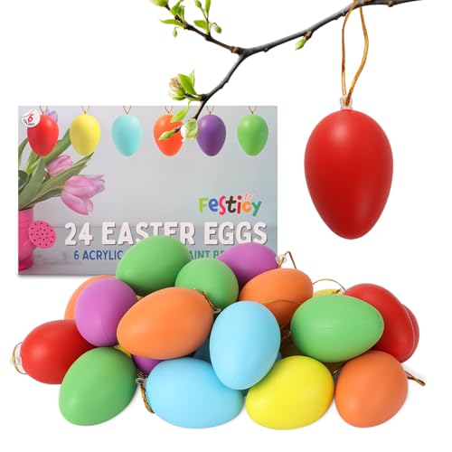Festicy Bunte Ostereier Plastik zum Aufhängen I 24 Stück I Osterdeko für Draußen und Innen I 6 Farben I Osterschmuck Outdoor Wetterfest & Robust I Ostern Deko I inkl. Acrylfarben