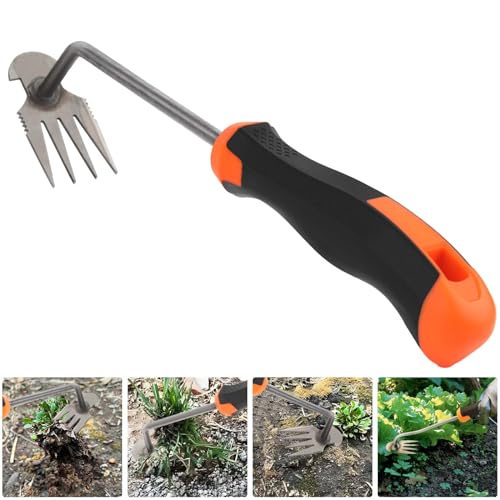 MOKIDO Unkraut Entferner Gerät, Gartenarbeit Hand Unkrautstecher, Unkrautstecher mit Stiel, Gartenwerkzeug, Unkraut Entferner Gerät, 4 Zähne Gartenkralle, Draussen Gartengeräte
