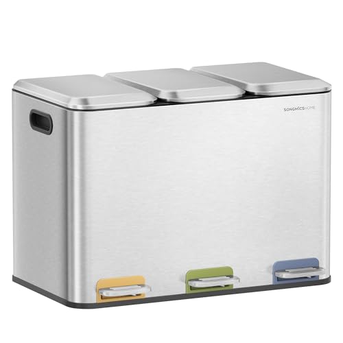SONGMICS HOME Mülleimer Küche, 3 x 15 L Fächer, Abfalleimer mit farbcodierbaren Pedalen, Mülltrennsystem, mit Deckeln und Inneneimern, Stahl, metallicsilber LTB740E45V1