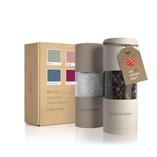 LARS NYSØM Salz und Pfeffer Mühlen Set aus Edelstahl mit einstellbarem Keramik-Mahlwerk 2 Stück I Manuelle Gewürzmühlen mit hochwertigem Design (2 Stk) (Brown/Beige)