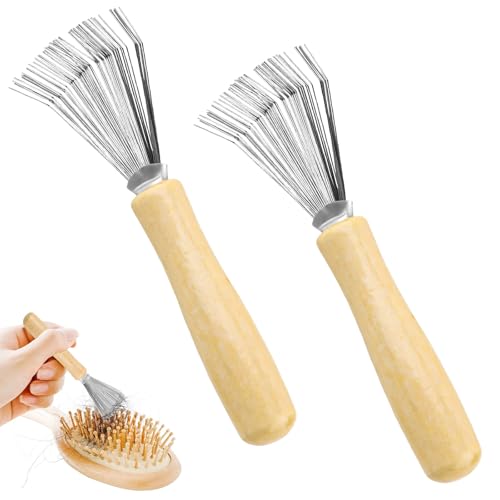 2 Stück Bürstenreiniger Kamm Reinigungsbürste Werkzeug mit Holzgriff，Haarbürsten Reinigungswerkzeug，zum Entfernen Haaren von Bürsten Kämmen Badematten Teppichen