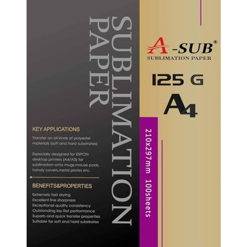 A-SUB Sublimationspapier A4, 210 x 297 mm, 100 Blatt, 125 g/m², kompatibel mit EPSON, SAWGRASS, RICOH, BROTHER Sublimationsdruckern