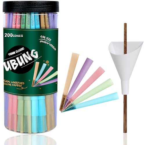 UBUNG Rainbow Cones | 200 King Size Konisch vorgedrehte Hülsen ​(5 Farben) Einschließlich 1 Trichterlader und 1 Putter für Verpackunge