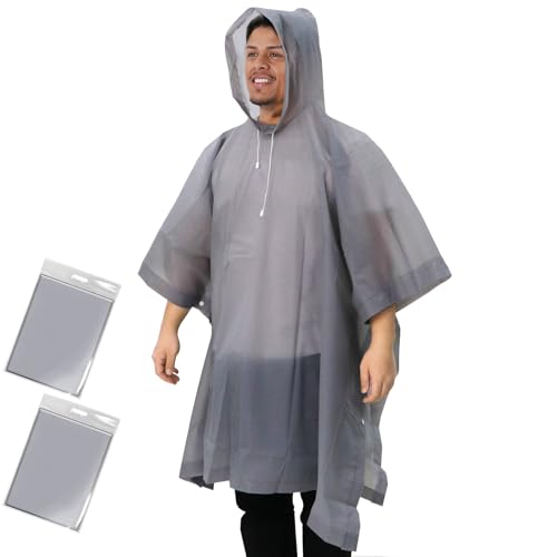 ANYOO Regenponcho Wasserdicht Regenjacke 2 Stück für Herren Damen, Leicht Regencape Regenschutz Wiederverwendbarer mit Kapuze für Festivals, Camping, Wandern, Reisen, Grau, Einheitsgröße