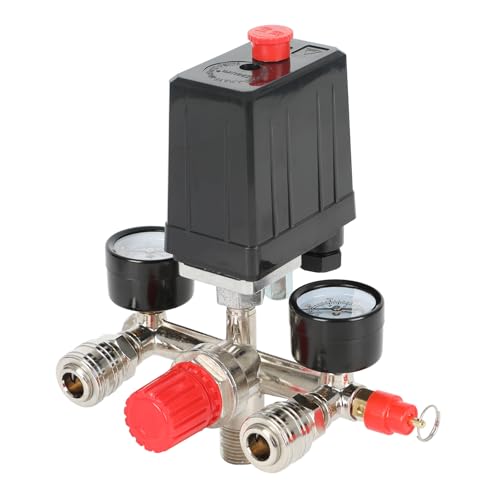 Druckschalter für Luftkompressor, 230 V Druckregler mit Druckschalter, Druckventilschalter mit 2 Messanzeigen von 0 bis 12 bar Außengewinde 1/2“ für Kompressor, Druckluft Kompressor