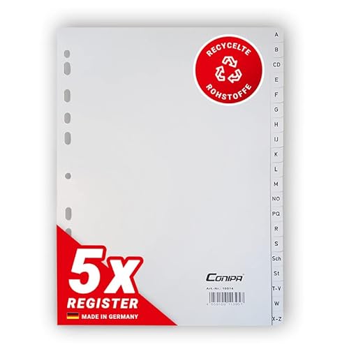 Conipa® - 5er Set A-Z Register für Ordner DIN A4 alphabetisch (MADE IN GERMANY) - Ordner-Register & Trennblätter aus PP mit Buchstaben (Alphabet) - Trennregister für Akten, Ringbücher & Hefter (Grau)