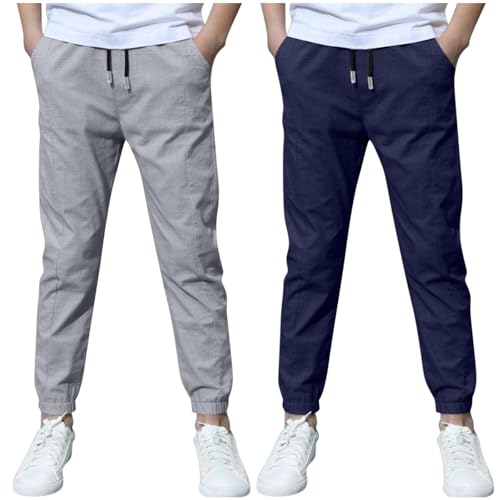 KODMNSW 2er Pack Hosen Jungen Baumwolle Leinen Hose Dünn Sommerhose Robust Arbeitshose Leinenhose Haremshose Einfarbig Outdoorhose Freizeithose 3-13 Jahre Warehouse Deal Dunkelblau 10 Jahre