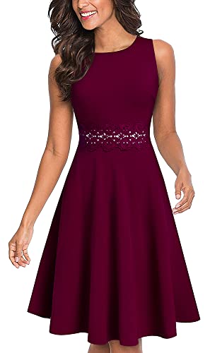 HOMEYEE Damen Vintage Rundhalsausschnitt ärmellosen Blumen Bestickt knielangen Cocktailkleid UKA079 (EU 38 = Size M, Karminrot)