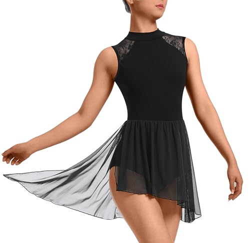 DANSHOW Lyrisch Moderner Tanz Kleid für Damen Zeitgenössischer Tanz Kostüme Asymmetrisch Hoch niedrig Rock,Spitzen-Tanzkleidung(23708-06-S)