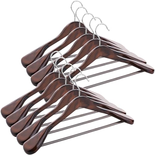 ABHENG Kleiderbügel aus Holz, 10er Set Anzugbügel, um 360° drehbarer Haken, für Jacken,Hemden, Anzüge, Mäntel, 44 x 5,5 x 23 cm (L x B x H), Dunkel Nussbaumfarben AWY0410H