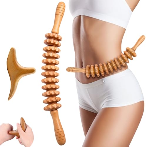 Faszienrolle Holz & Trigger Set,Faszienstab holz+Massagestäbchen Triggerpunkt,Massage Roller mit Griff,Rücken Massagegeräte,Handmassager Massagehilfe,Holz Therapie Massage Tool