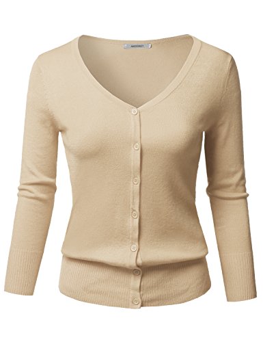 Damen Strickjacke, V-Ausschnitt, 3/4-Ärmel, Knopfleiste - beige - Groß