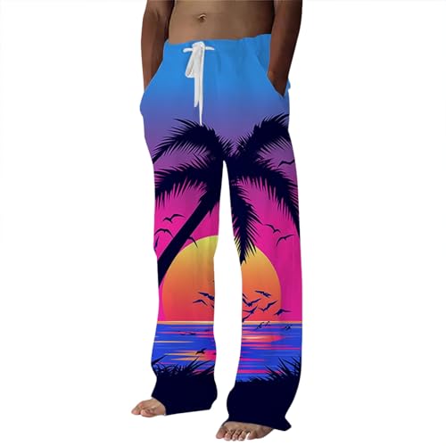 Hosen Herren Chino Hose Herren Grau Stretch Zip Off Herren-Frühlings- Sommersaison, modisch, lässig, digitaler 3D-Druck, Kokosnussbaum-Freizeithose Hose Mit Seitentaschen Herren (Watermelon Red, L)