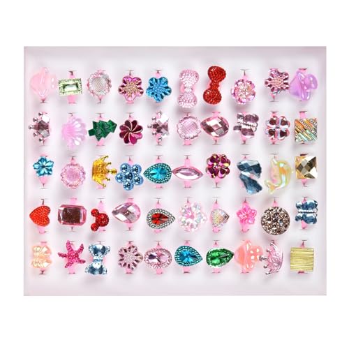 OSDUE Kinderringe Mädchen, 50 Stück Einstellbare Ringe Kinder, Keine Vervielfältigung, Mädchen Ringe Set, Ringe Kindergeburtstag Kinderringe Mädchen für Baby Teenager Partybevorzugung Spielschmuck