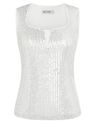 Damen Pailletten Tops für Party Cocktail Club Tanz Frauen Tank Träger Tops Glitzernd Lange Shirts Silber Weiß XXL