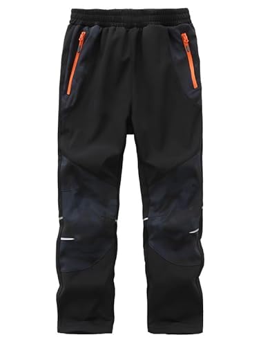 Zzkouine Kinder Softshellhose Schneehose Thermohose Hosen Jungen Mädchen Winterhose Outdoorhose Wanderhose, Schwarz/Tarnung 146-152