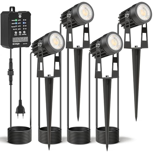 HIBOITEC 4PCS Gartenbeleuchtung mit Transformator, 11,4M Fotozelle Sensor Strahler Außen,Dimmbar 2700K Wasserdicht Gartenbeleuchtung mit Strom, Timer Gartenlampen für Draußen Haus Hof Pflanzen