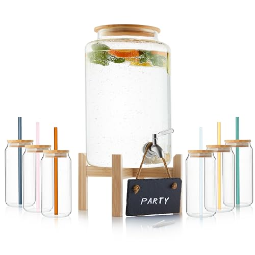 Sänger | Bowle Set mit Glas Strohhalmen und Gläsern, Bowle Gefäß mit Deckel aus Holz, Getränkespender mit Zapfhahn inkl 6 Gläsern, Getränke Spender für Glühwein und Bowle, 7,8 Liter Glasbehälter