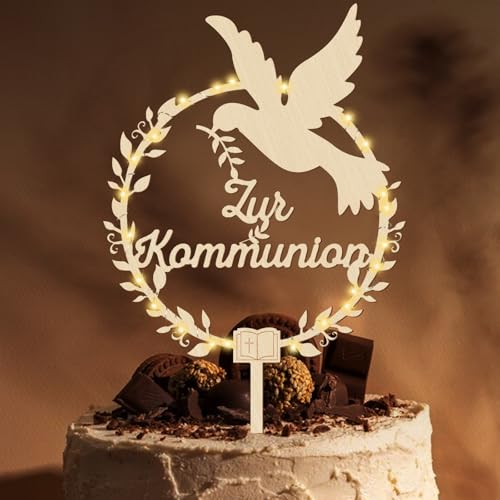 Giftota Cake Topper zur Kommunion aus Holz mit LED Lichterkette - Tortendeko Kommunion - Erstkommunion Tortendeko für Junge Mädchen - Kommunion Deko