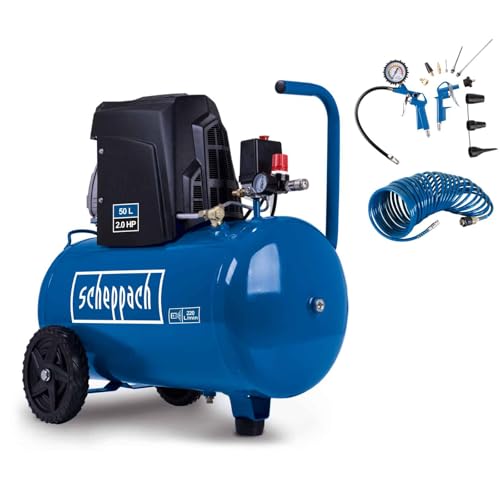 Scheppach Kompressor HC63 Druckluftkompressor ölgeschmiert mit 14 tlg. Zubehör | 50L Kessel | 10bar Arbeitsdruck | 1500W | 220L/min Ansaugleistung | Fahrvorrichtung, Schnellkupplung & Transportgriff
