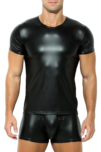 Herren Latex T-Shirt schwarz Leder Optik Männer Shirt Unterhemd Kurzarm Unterwäsche Stretch Hemd Tops Clubwear Guywear Gogo Swingerclub Freizeithemd Sommer Muskel Top Lack-Leder Vinyl Oberteil (XXL)