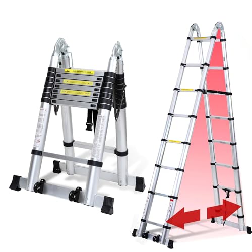 Joparri Teleskopleiter Klappleiter Aluminium, 5M Ausziehbare Leiter, Rutschfester Aluleiter Stehleiter Mehrzweckleiter Aluminiumleiter, Teleskop Ausziehleiter 150 kg Belastbarkeit