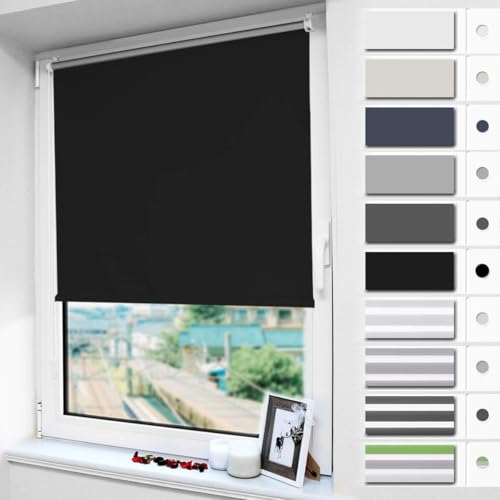Magiea Verdunklungsrollo ohne & mit Bohren Klemmfix, Schwarz B45 x H120 cm (Stoffbreite 40 cm), Klemmrollo Thermorollo, Innenrollo für Sonnen- und Sichtschutz, Rollos für Fenster & Tür