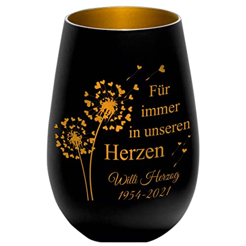 Trauerlicht - Für Immer in unseren Herzen - schwarz/Gold - Gravur Namen und Datum - Gedenklicht Erinnerungslicht Grablicht Trauergeschenk
