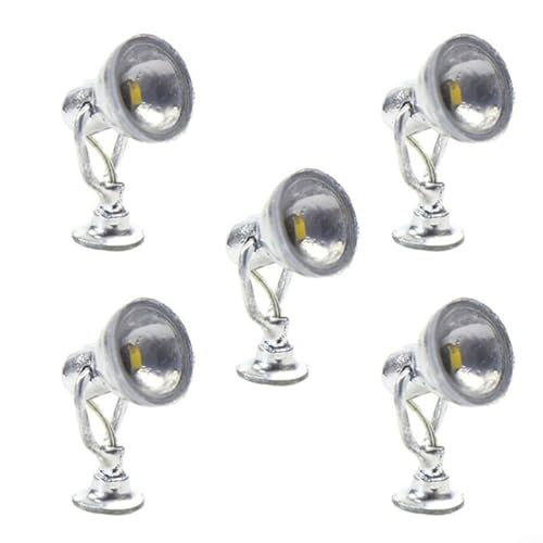 Zoegneer 5 Stück komplette Lampen Eisenbahnmodell Strahler Gartendekoration Kupfersäulenmodell Laternenpfähle, Silber, 15 mm oder 1,5 cm (H) Zoll (warmweiß)