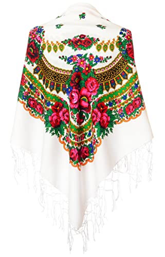 M&K Apparel - Weißer Schal mit traditionellem ukrainischem/polnischem/russischem Blumenmuster und Fransen