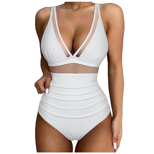 Generisch Badeanzug Damen Hoch Taille Sportlich Eng anliegend Sexy Einteiler Ausgehöhlt für Aktive Frauen Im Trend (White, L)