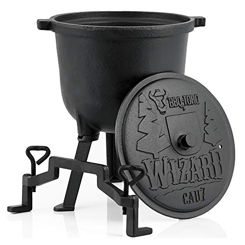 BBQ-Toro Zauberkessel Wizard | 7 Liter | Kochtopf aus Gusseisen | Gusstopf mit DREI Beinen, Deckel, Bügel und Feststellschrauben | Hexenkessel, Cauldron Grilltopf, Schnellkochtopf Grill