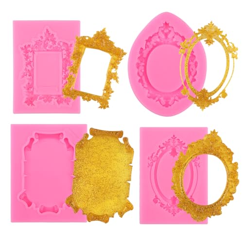 Gosknor 4 Stück Silikon Bilderrahmen Form für Schokolade, Mini Barockstil Rahmenform Lufttrocknende Tonformen für Bastelarbeiten Fondant Cupcake Topper Süßigkeiten Kunstharz Polymer Ton