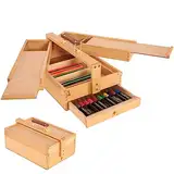 VISWIN Multifunktionale Tragbare Künstler-Aufbewahrungsbox aus Massivem Buchenholz mit Schublade, Dreischichtige Aufbewahrungsbox für Künstlerbedarf für Pinsel, Stift, Pastell, Malutensilien