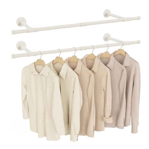 Yawinhe Kleiderstange zur Wandmontage, Abnehmbare Kleiderständer im Industrie-Design,112 cm Rohr-Kleidergestell Wandaufhänger für Kleidung Lagerung,für Wohnzimmer, Weiß, 2-Pack