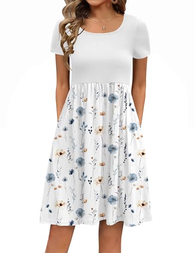 Zeagoo Sommerkleider Damen Blumenkleid Sommer Knielang Strandkleid Elegant Rundhals Ausschnitt Casual Kurzarm Tshirt Kleid Freizeit Kleider mit Taschen Weiße Blumen L