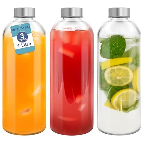 HEFTMAN Glaswasserflasche, 1 Liter, 3 Stück, leere Glasflaschen mit Deckel, Wasser, Smoothies, Glas-Saftflaschen mit luftdichten, auslaufsicheren Edelstahldeckeln & Reinigungsbürste für Arbeit,