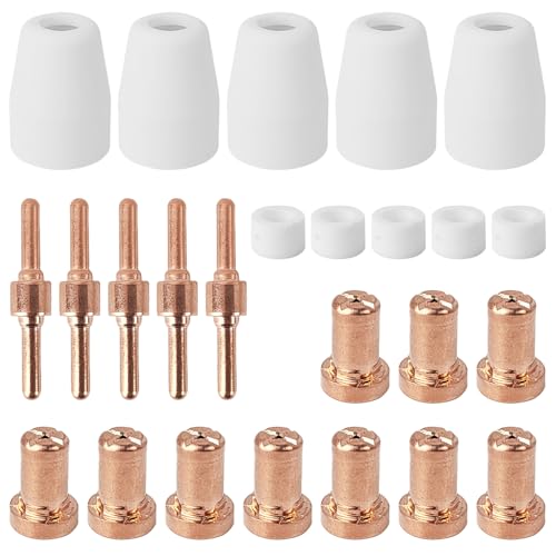 25 Stück Plasmaschneider Zubehör, PT31 Erweiterte Luft-Plasma Schneiddüse, Elektroden Verbrauchsmaterial, Keramikring, Verbrennungsstopfen, Plasmaschneiddüse für CUT-40 CUT-50D CT-312 (Weiß)