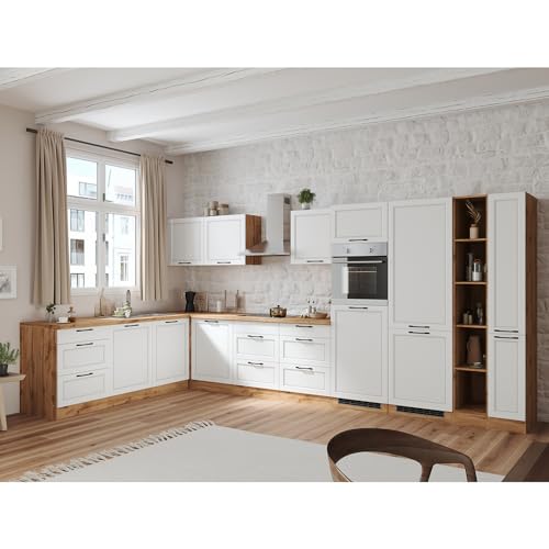 Lomadox Winkelküche Küche Einbauküche Küchenzeile L-Form 420/240 cm mit E-Geräten in weiß und Eiche, Arbeitsplatte in Eiche, inkl. Dunstabzugshaube, Herd, Backofen, Geschirrspüler, Kühlgefrierkombi