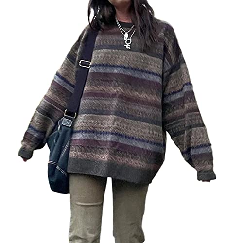 Damen Y2K Argyle Gestreifter Pullover Sweater Casual Langarm Rundhals Vintage Preppy Style Pullover Strickwaren, Grau-A, Large